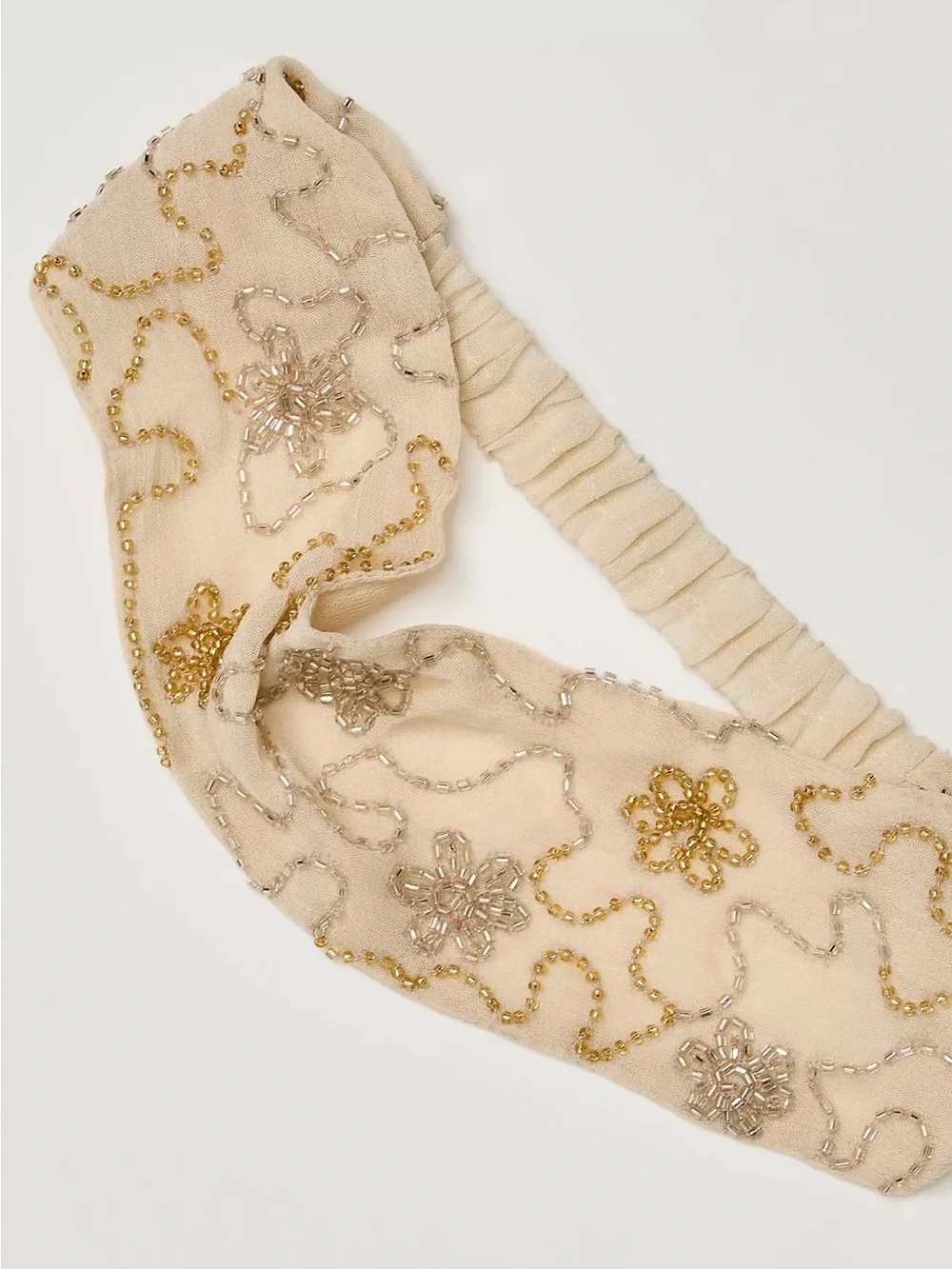 Free People Beaded Cream Elastic Headband with Gold and Silver Embellishments